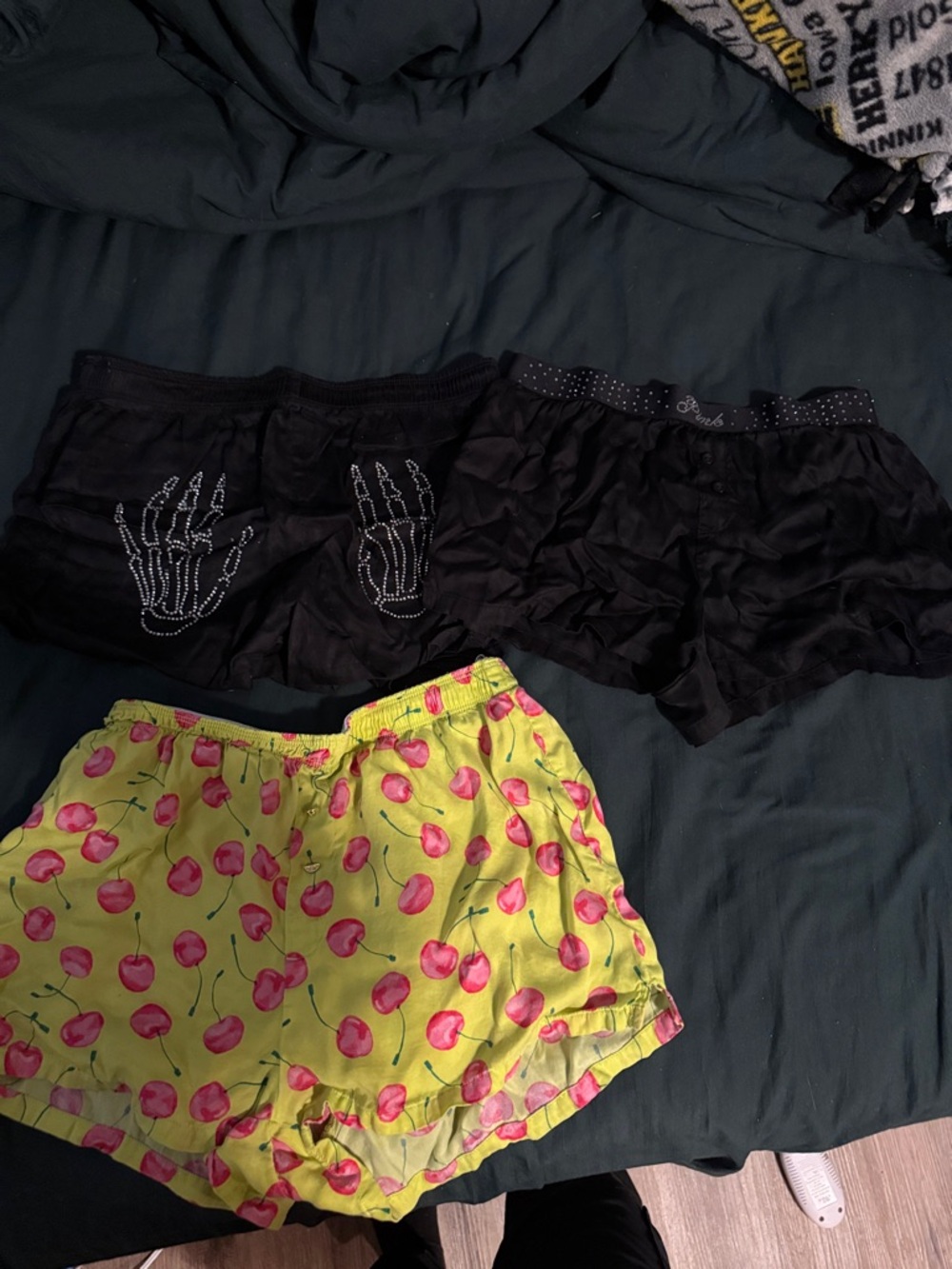 Victoria's Secret Black Satin & Yellow Cherry-Print Boxer Shorts